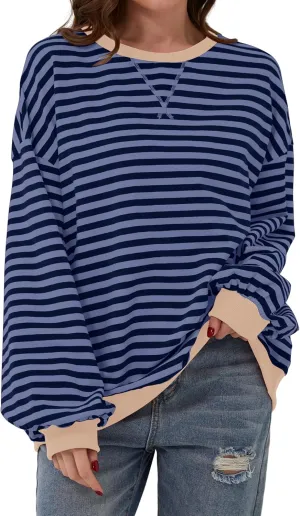 Labolliy Women Striped Oversized Sweatshirt Color Block Crew Neck Long Sleeve Shirt Casual Pullover Top Fall Y2K Clothes
