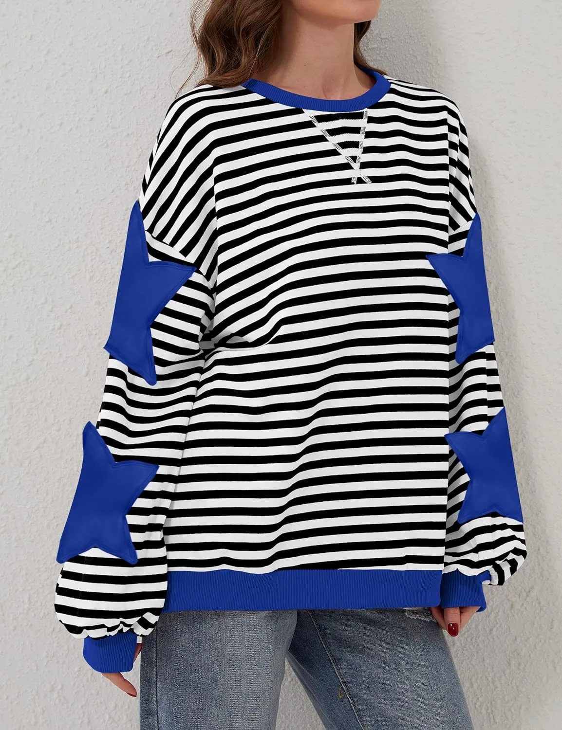 Labolliy Women Striped Oversized Sweatshirt Color Block Crew Neck Long Sleeve Shirt Casual Pullover Top Fall Y2K Clothes