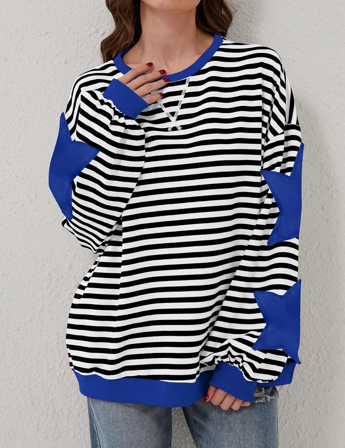 Labolliy Women Striped Oversized Sweatshirt Color Block Crew Neck Long Sleeve Shirt Casual Pullover Top Fall Y2K Clothes