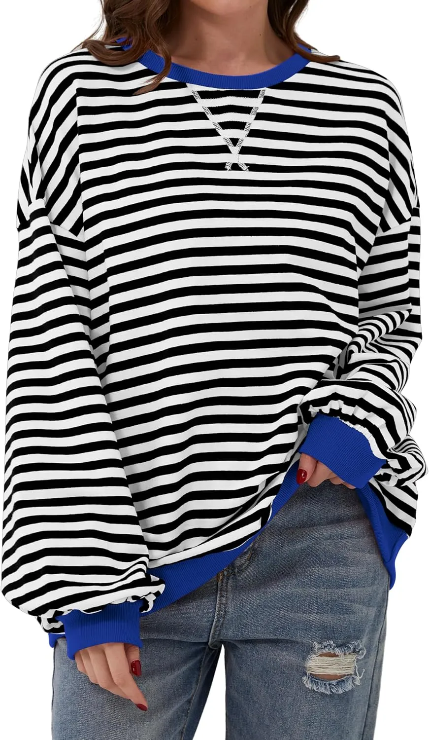 Labolliy Women Striped Oversized Sweatshirt Color Block Crew Neck Long Sleeve Shirt Casual Pullover Top Fall Y2K Clothes