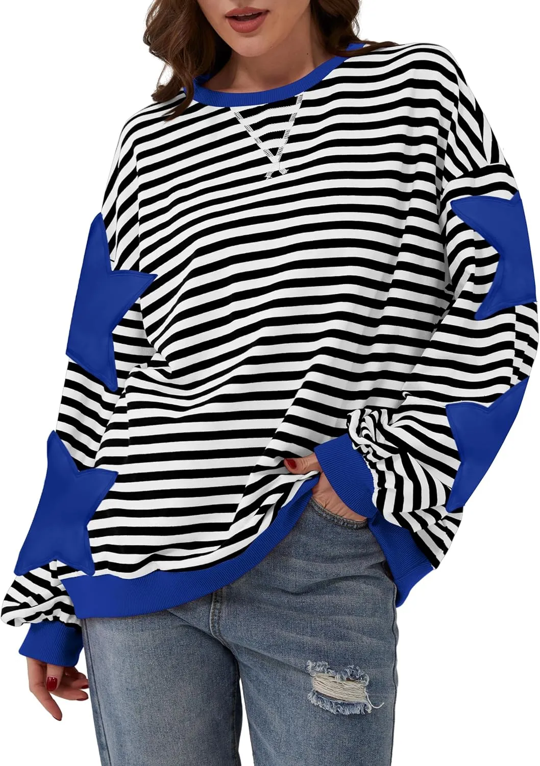 Labolliy Women Striped Oversized Sweatshirt Color Block Crew Neck Long Sleeve Shirt Casual Pullover Top Fall Y2K Clothes
