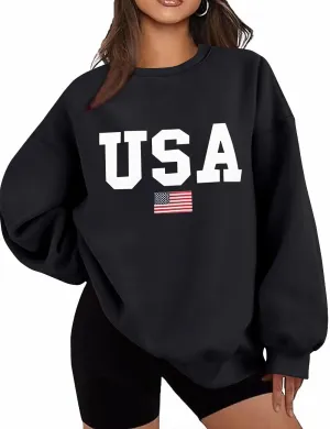Lacozy Womens USA Graphic Sweatshirts American flag Crewneck Long Sleeve Sweater Loose Fleece Tops Fall Winter Clothes
