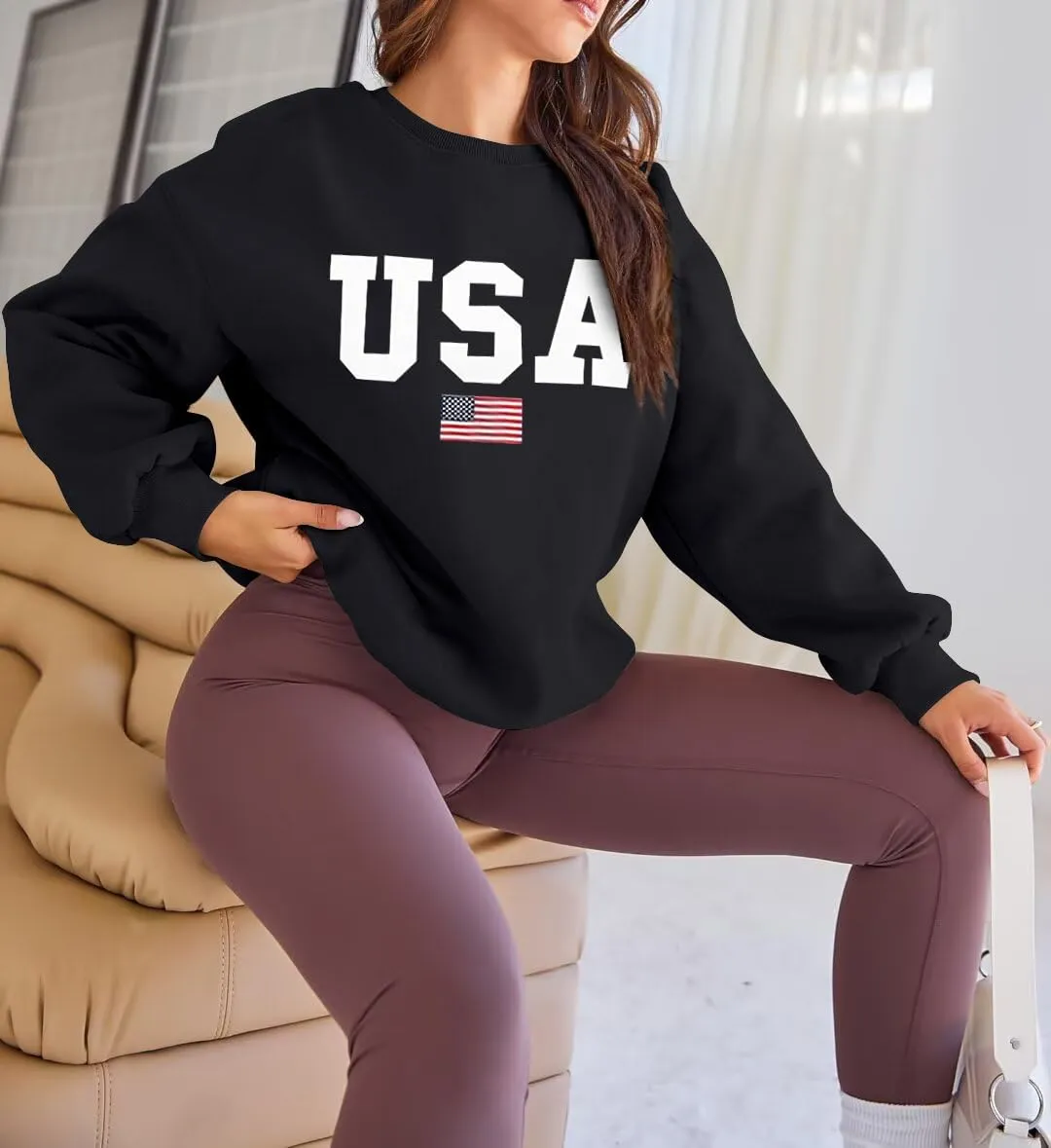 Lacozy Womens USA Graphic Sweatshirts American flag Crewneck Long Sleeve Sweater Loose Fleece Tops Fall Winter Clothes