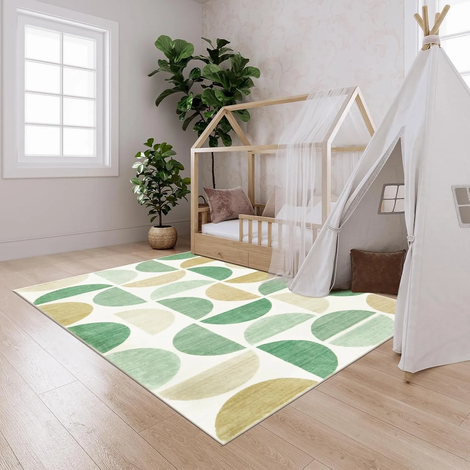 Lahome Boho Area Rug for Bedroom-3x5 Green Rug Soft Ultra-Thin Classroom Modern Washable Rugs Distressed Non Shedding Dining Carpet for Kids Nursery Room Office, Green