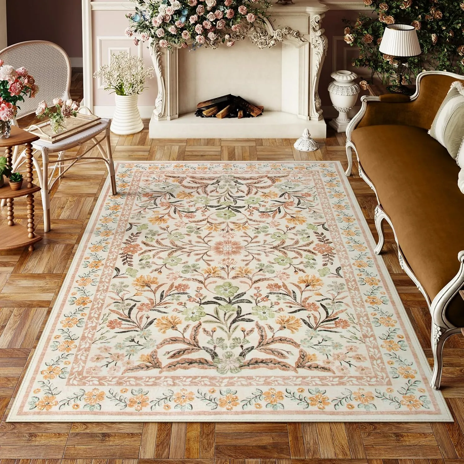 Lahome Boho Washable Area Rugs 5x7 for Bedroom, Bohemian Brown Rugs for Living Room, Soft Floral Thin Carpet for Kids Room Apartment Dorm Home, Ochre Fall