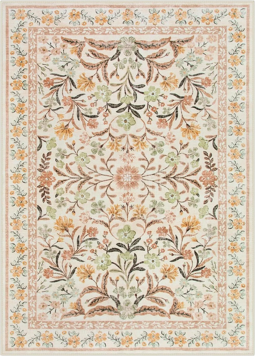 Lahome Boho Washable Area Rugs 5x7 for Bedroom, Bohemian Brown Rugs for Living Room, Soft Floral Thin Carpet for Kids Room Apartment Dorm Home, Ochre Fall