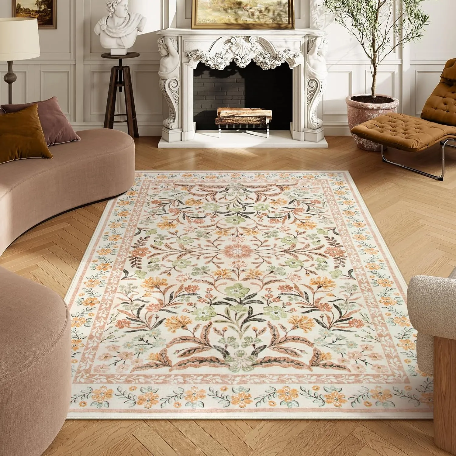 Lahome Boho Washable Area Rugs 5x7 for Bedroom, Bohemian Brown Rugs for Living Room, Soft Floral Thin Carpet for Kids Room Apartment Dorm Home, Ochre Fall