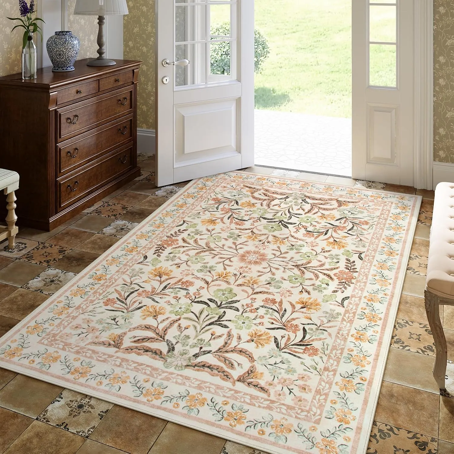 Lahome Boho Washable Area Rugs 5x7 for Bedroom, Bohemian Brown Rugs for Living Room, Soft Floral Thin Carpet for Kids Room Apartment Dorm Home, Ochre Fall
