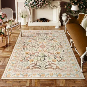 Lahome Boho Washable Area Rugs 5x7 for Bedroom, Bohemian Brown Rugs for Living Room, Soft Floral Thin Carpet for Kids Room Apartment Dorm Home, Ochre Fall