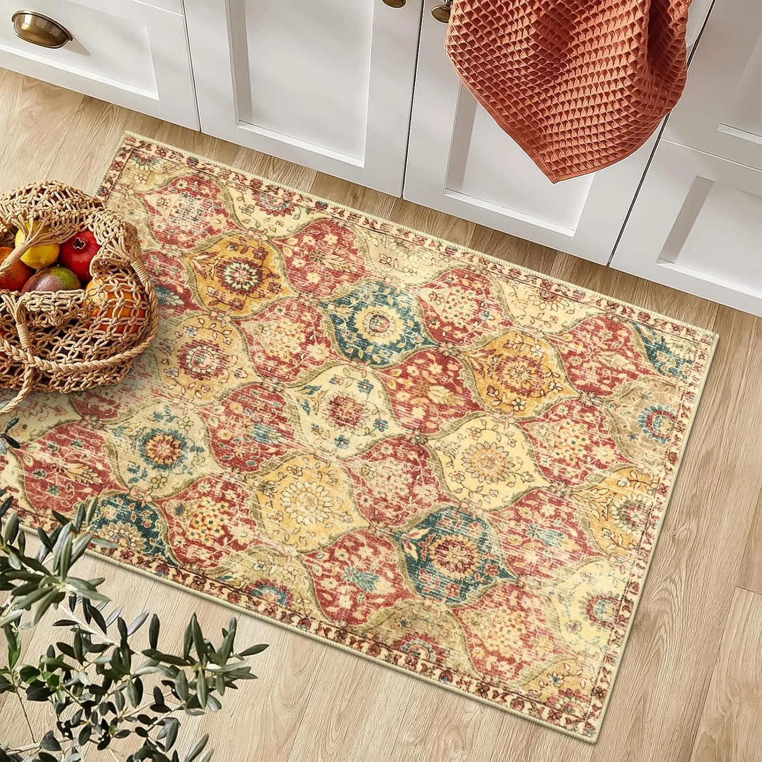 Lahome Moroccan Trellis Washable Rug, 2x3 Bathroom Rugs for Kitchen Entryway, Non-Slip Indoor Door Mat Ultra-Thin, Small Oriental Throw Carpet for Bedroom Entry, Red/Orange