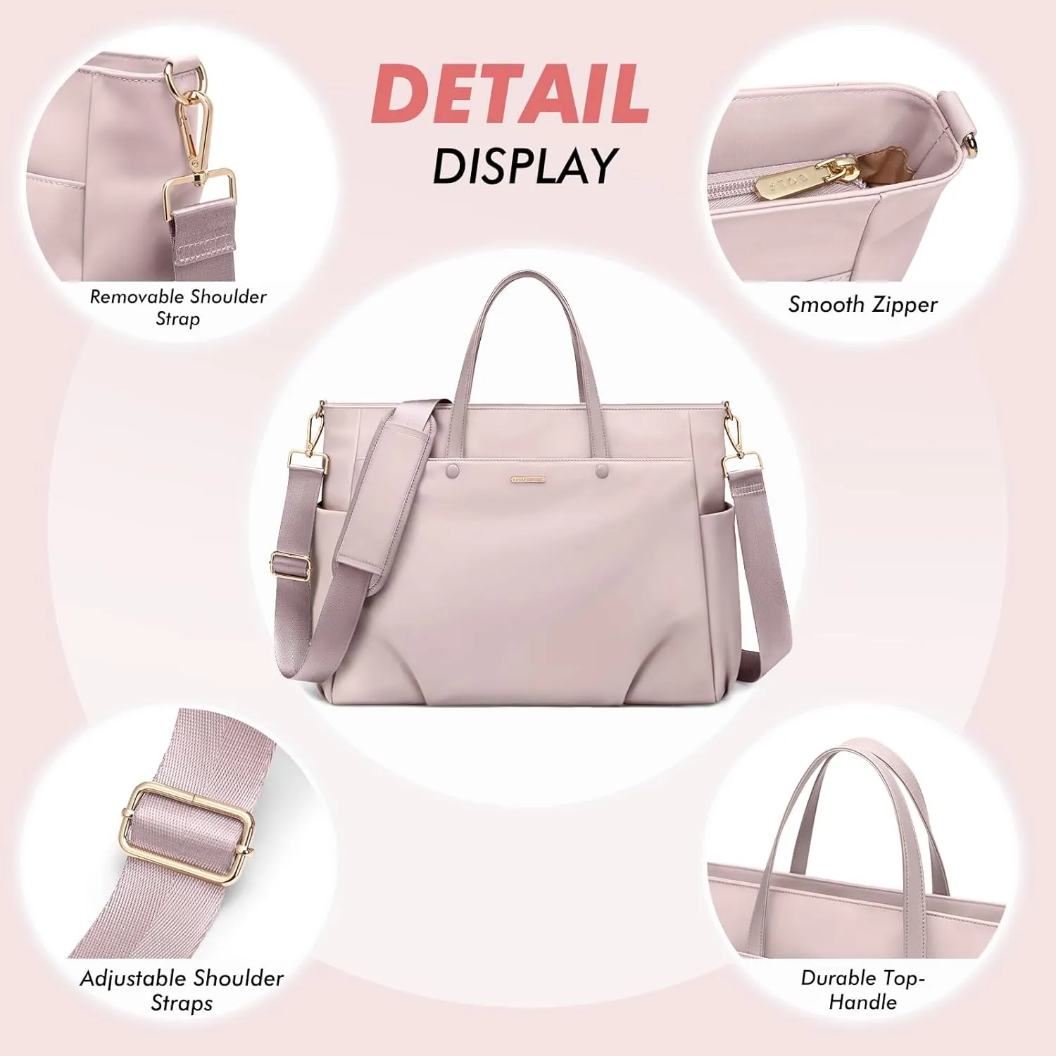 Laptop Tote Bag 15 Inch, Computer Shoulder Bag Large Work Tote Bag for Women, Laptop Carrying Case Stylish Handbag for Business Travel (Pinkish Grey)