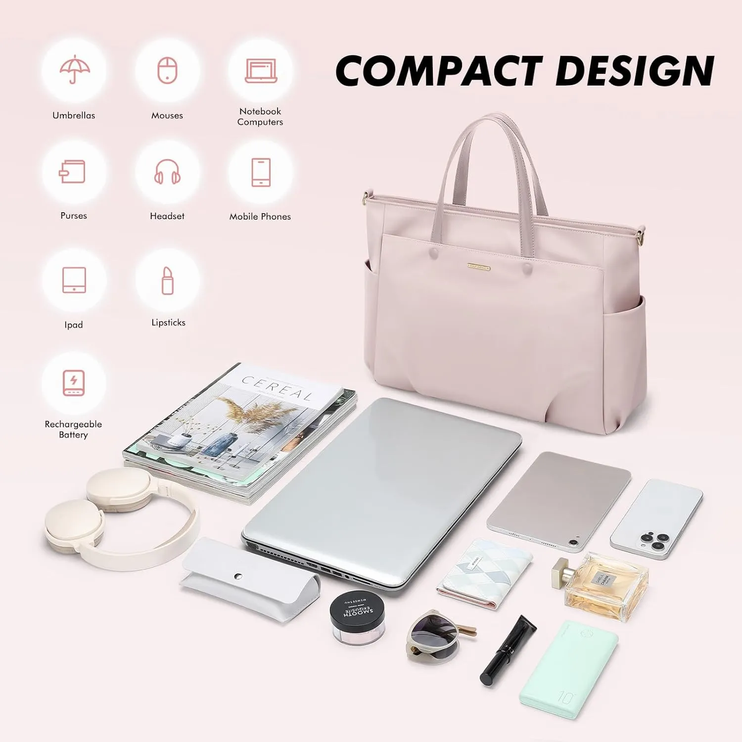 Laptop Tote Bag 15 Inch, Computer Shoulder Bag Large Work Tote Bag for Women, Laptop Carrying Case Stylish Handbag for Business Travel (Pinkish Grey)