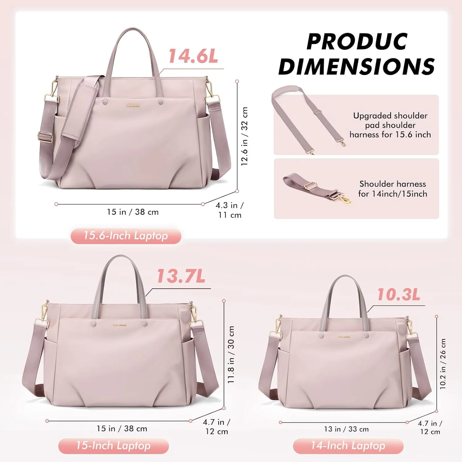 Laptop Tote Bag 15 Inch, Computer Shoulder Bag Large Work Tote Bag for Women, Laptop Carrying Case Stylish Handbag for Business Travel (Pinkish Grey)