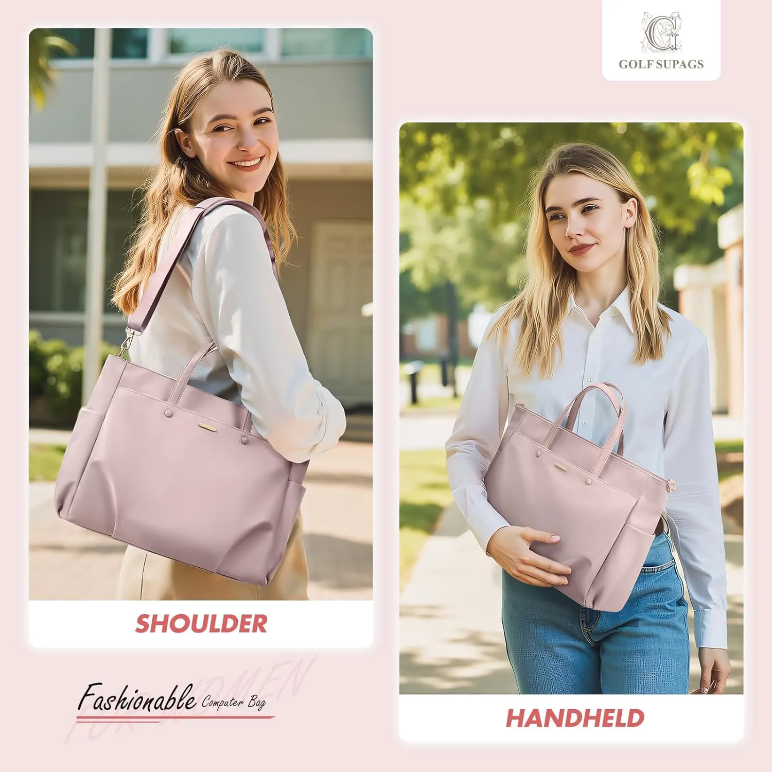 Laptop Tote Bag 15 Inch, Computer Shoulder Bag Large Work Tote Bag for Women, Laptop Carrying Case Stylish Handbag for Business Travel (Pinkish Grey)