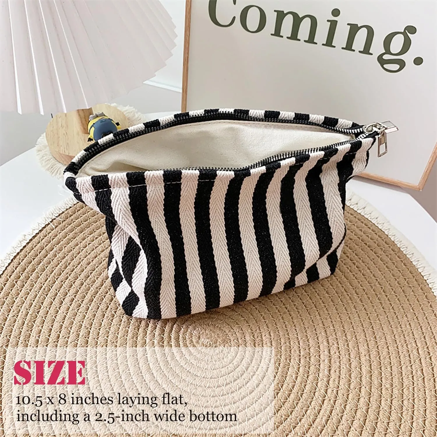 Large Stripe Makeup Bag Cosmetic Toiletry Travel Pouch, Purse Organizer, Canvas Lined, Black White, Large