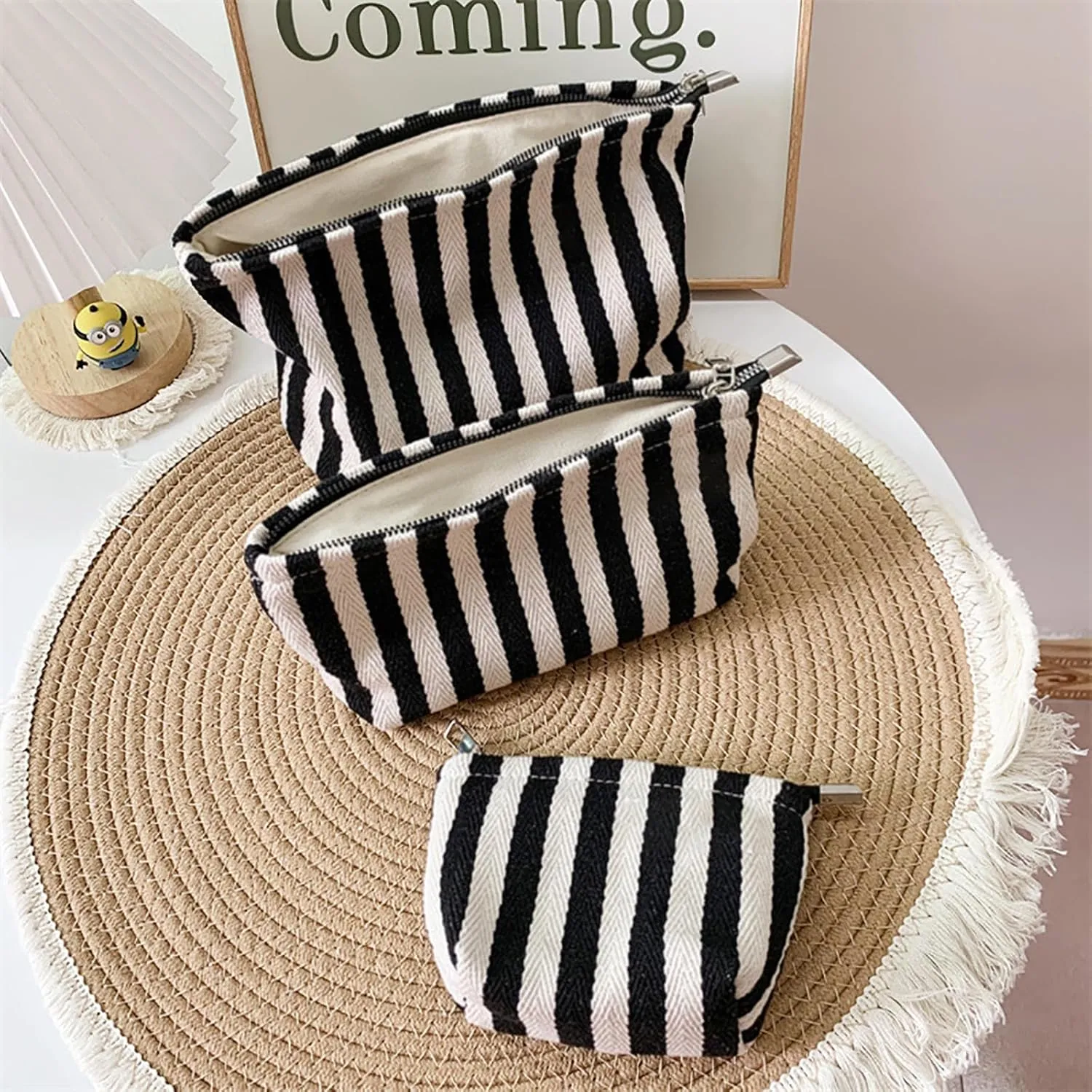 Large Stripe Makeup Bag Cosmetic Toiletry Travel Pouch, Purse Organizer, Canvas Lined, Black White, Large