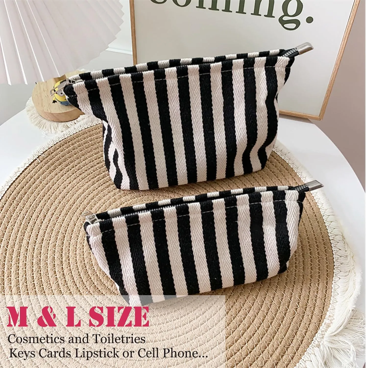 Large Stripe Makeup Bag Cosmetic Toiletry Travel Pouch, Purse Organizer, Canvas Lined, Black White, Large
