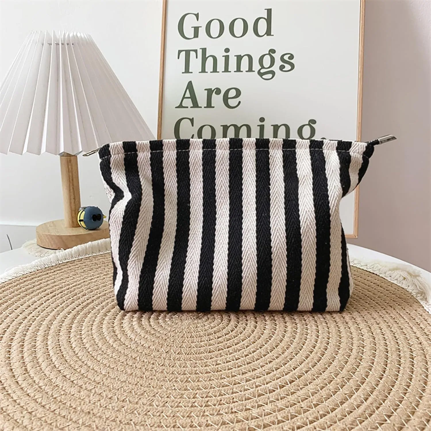 Large Stripe Makeup Bag Cosmetic Toiletry Travel Pouch, Purse Organizer, Canvas Lined, Black White, Large