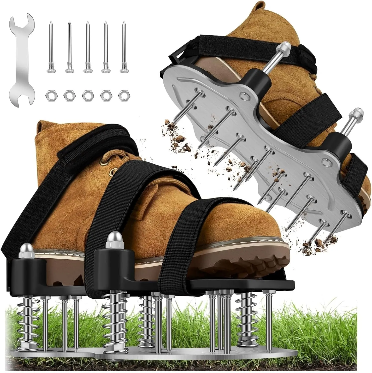 Lawn Aerator Shoes for Grass - Aerator Lawn Tool, Double Layer Shoes with Spiked Bottom and Upgrade Aluminum base,Adjustable Strap for Secure Fit Automatically Clears Leaves and Dirt for Garden
