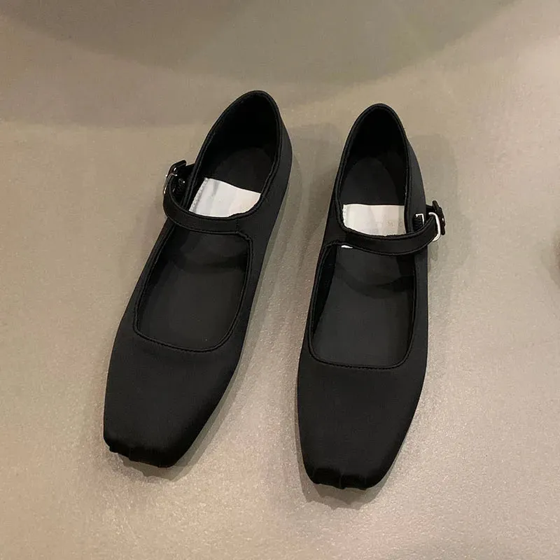 LBSFY  -   Spring New Women Pink Flat Shoes Fashion Silk Square Toe Shallow Ladies Ballet Shoes Soft Casual Flat Mary Jane Shoes