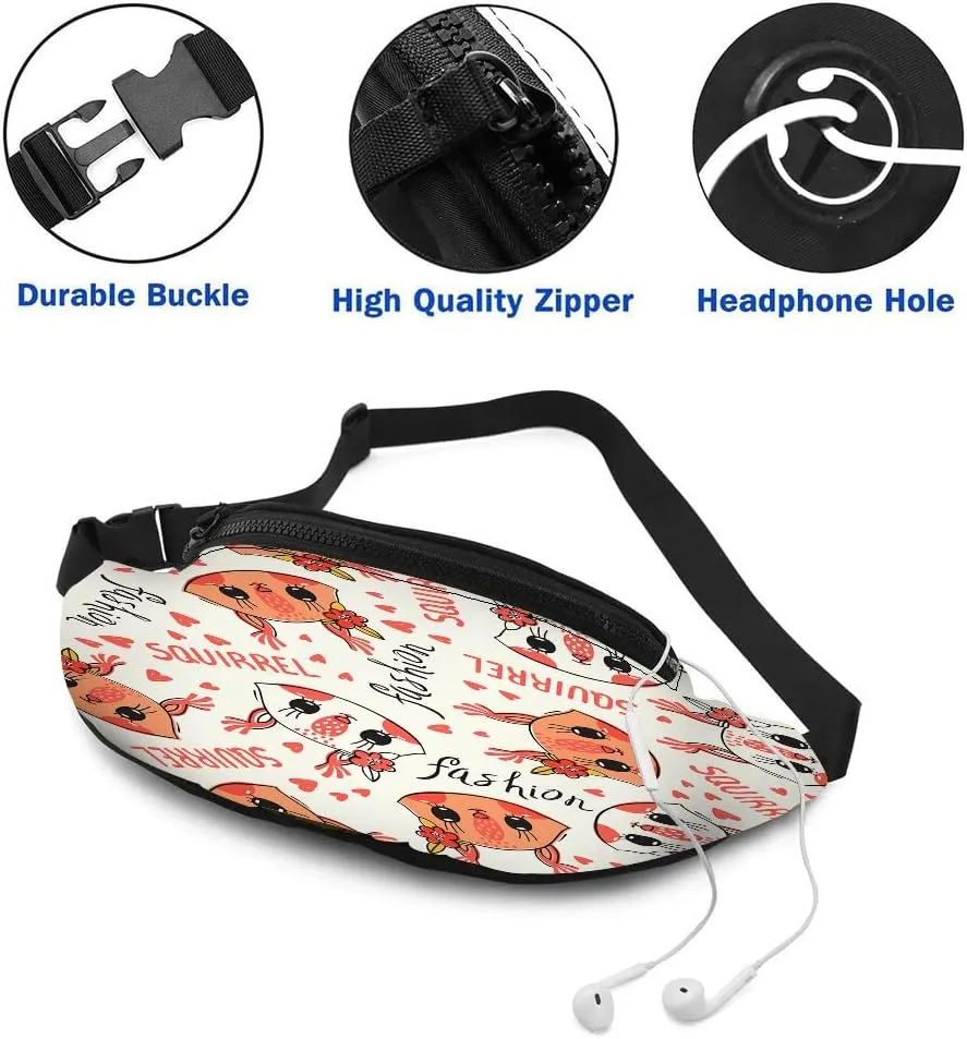 Leisure Sports Crossbody Fanny Pack Waist Bag For Women Men Cute Squirrel Face Barrettes Braid Flowers Kawaii Animal Wallets Belt Bag With Earphone Jack Zipper Bag Phone Bag For Outdoor