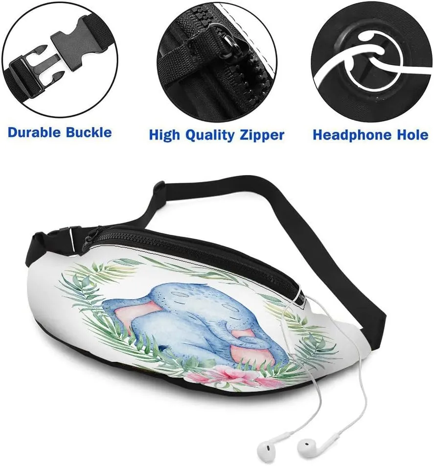 Leisure Sports Crossbody Fanny Pack Waist Bag For Women Men Flowers Circle Surround Cute Elephant Leaf Blue Wreath Wallets Belt Bag With Earphone Jack Zipper Bag Phone Bag For Outdoor