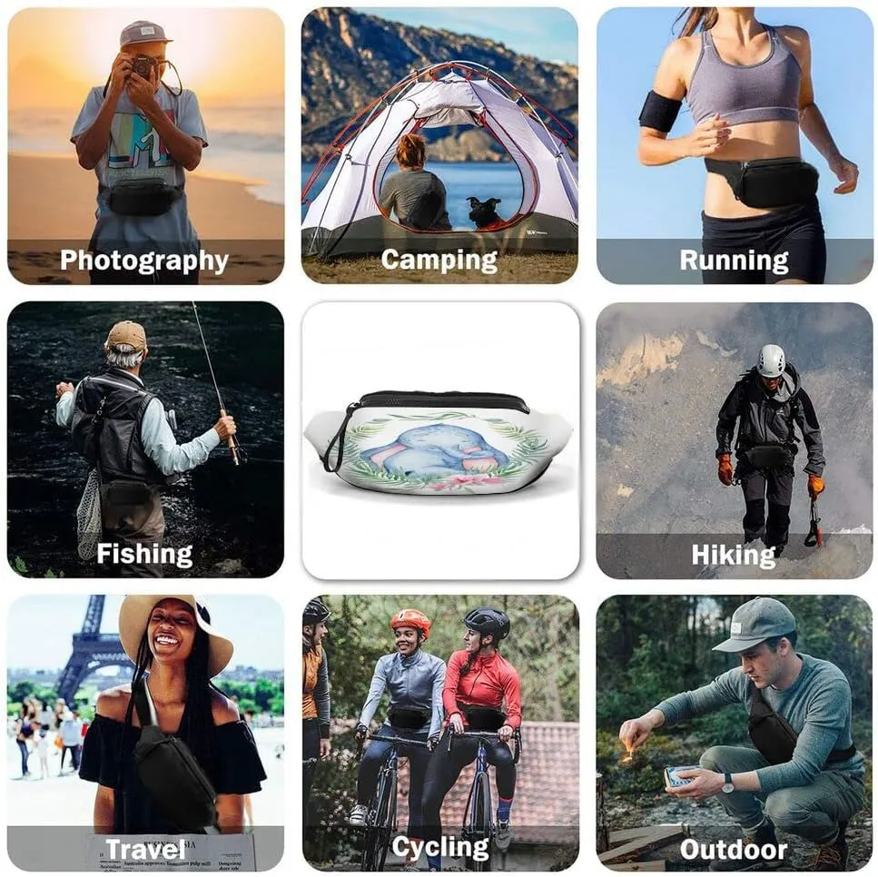 Leisure Sports Crossbody Fanny Pack Waist Bag For Women Men Flowers Circle Surround Cute Elephant Leaf Blue Wreath Wallets Belt Bag With Earphone Jack Zipper Bag Phone Bag For Outdoor