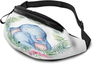 Leisure Sports Crossbody Fanny Pack Waist Bag For Women Men Flowers Circle Surround Cute Elephant Leaf Blue Wreath Wallets Belt Bag With Earphone Jack Zipper Bag Phone Bag For Outdoor