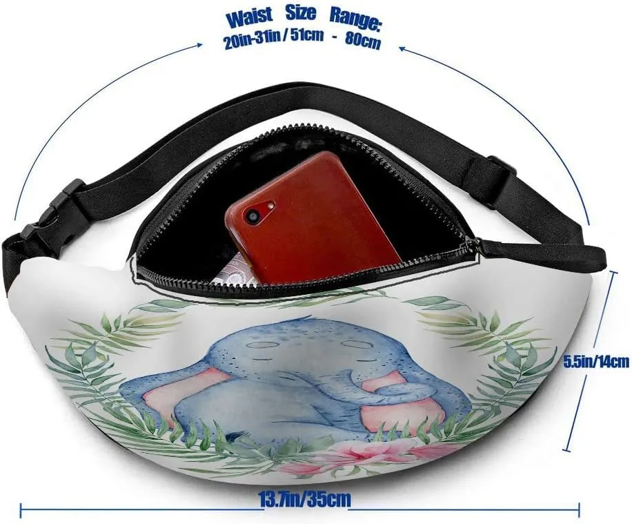 Leisure Sports Crossbody Fanny Pack Waist Bag For Women Men Flowers Circle Surround Cute Elephant Leaf Blue Wreath Wallets Belt Bag With Earphone Jack Zipper Bag Phone Bag For Outdoor