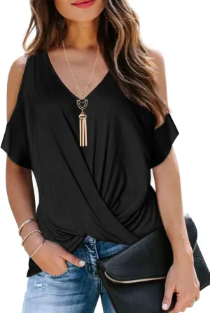 LEIYEE Womens Summer Cold Shoulder Tops Short Sleeve Front Twist Knot V Neck T Shirts Draped Blouses
