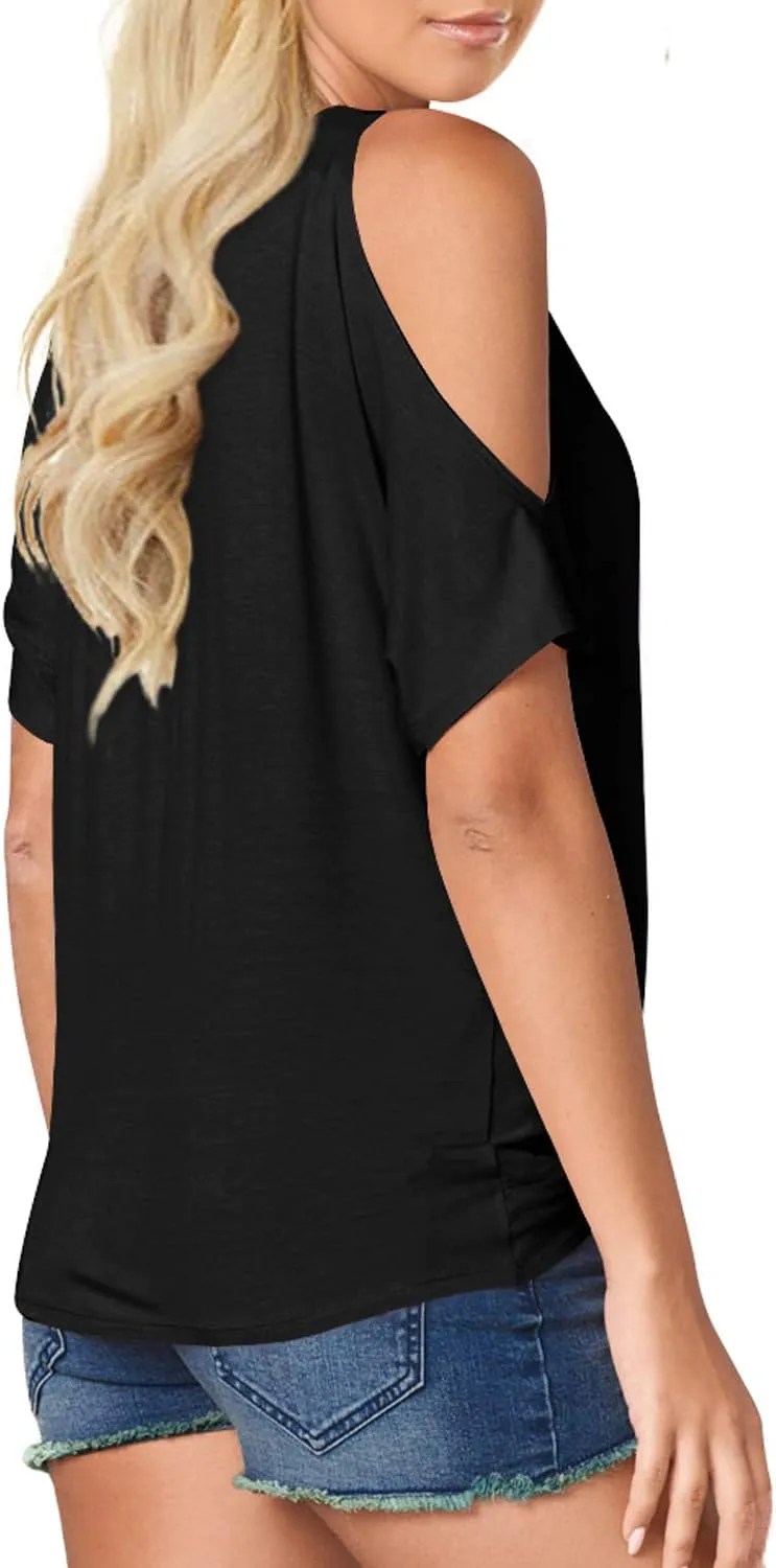 LEIYEE Womens Summer Cold Shoulder Tops Short Sleeve Front Twist Knot V Neck T Shirts Draped Blouses