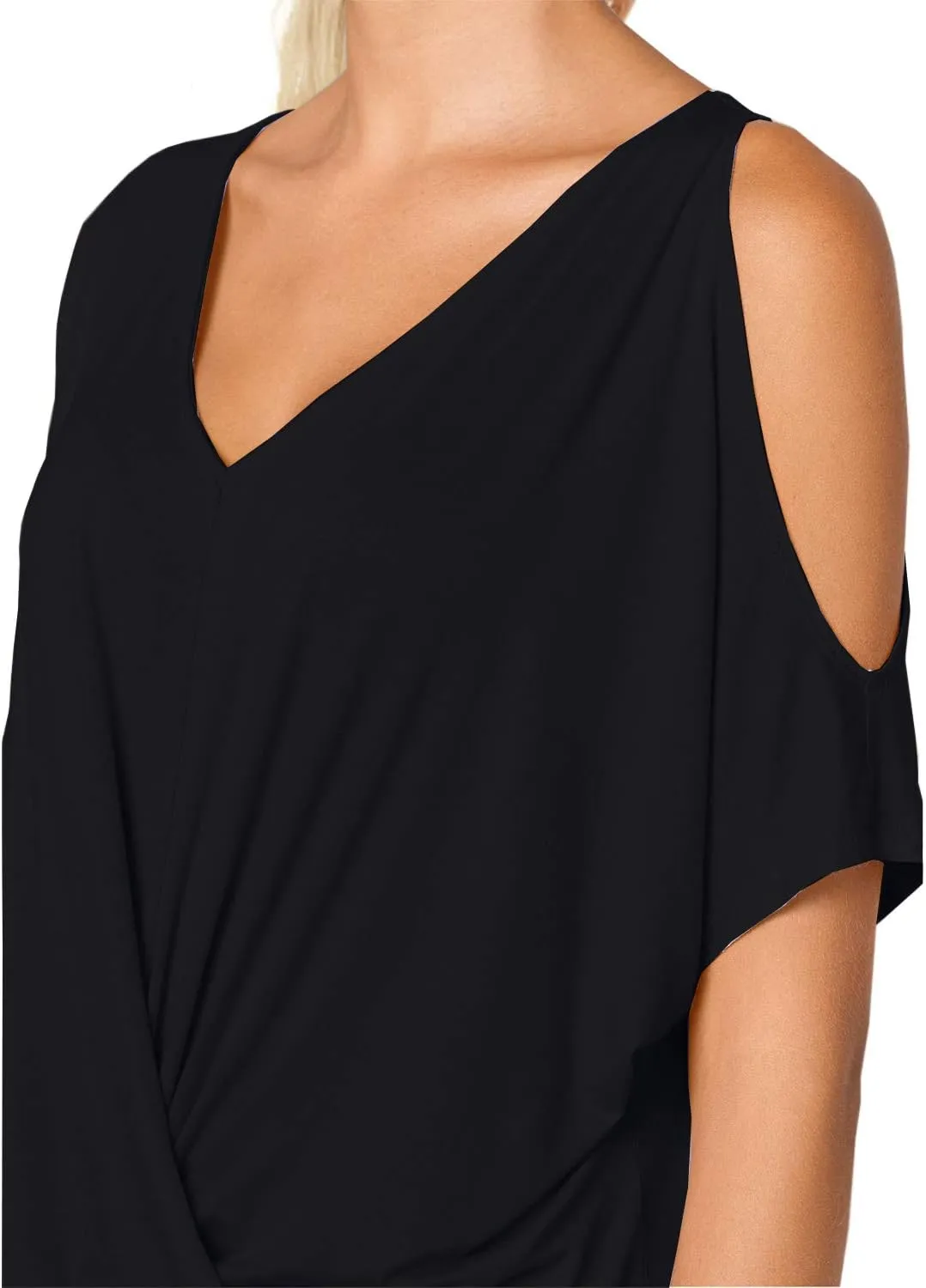 LEIYEE Womens Summer Cold Shoulder Tops Short Sleeve Front Twist Knot V Neck T Shirts Draped Blouses