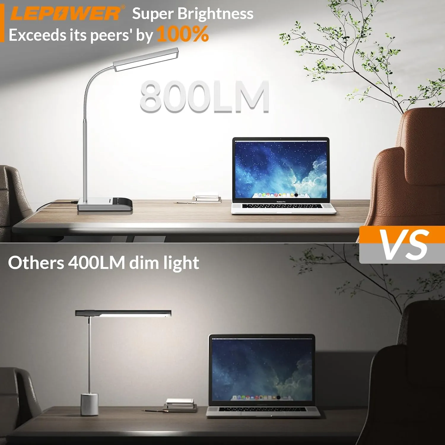 LEPOWER Desk Lamp, 800LM LED Lamp for Home Office, 12W Reading Lamp for Desk, Eye-Caring Light, Touch Table Lamp, Gooseneck Lamp, 50 Lighting Modes, Bright Desk Lamps for Bedroom, Study (Grey)