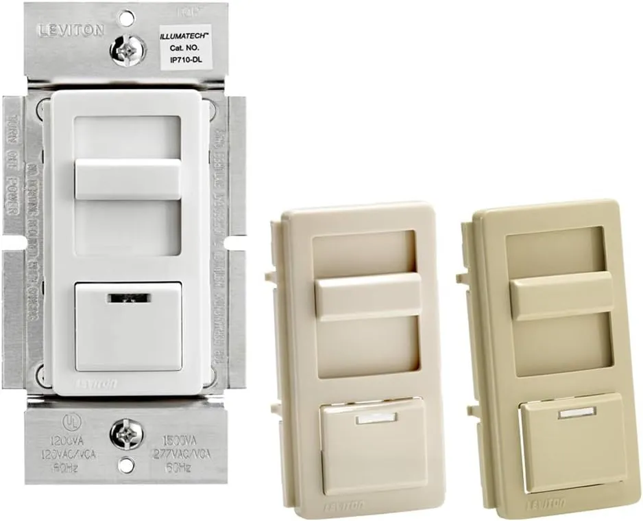 Leviton IllumaTech Dimmer Switch for 0-10V LED, Mark 7 Florescent Ballasts, wth LED Locator Light, IP710-DLZ, White with Ivory and Light Almond Faceplates