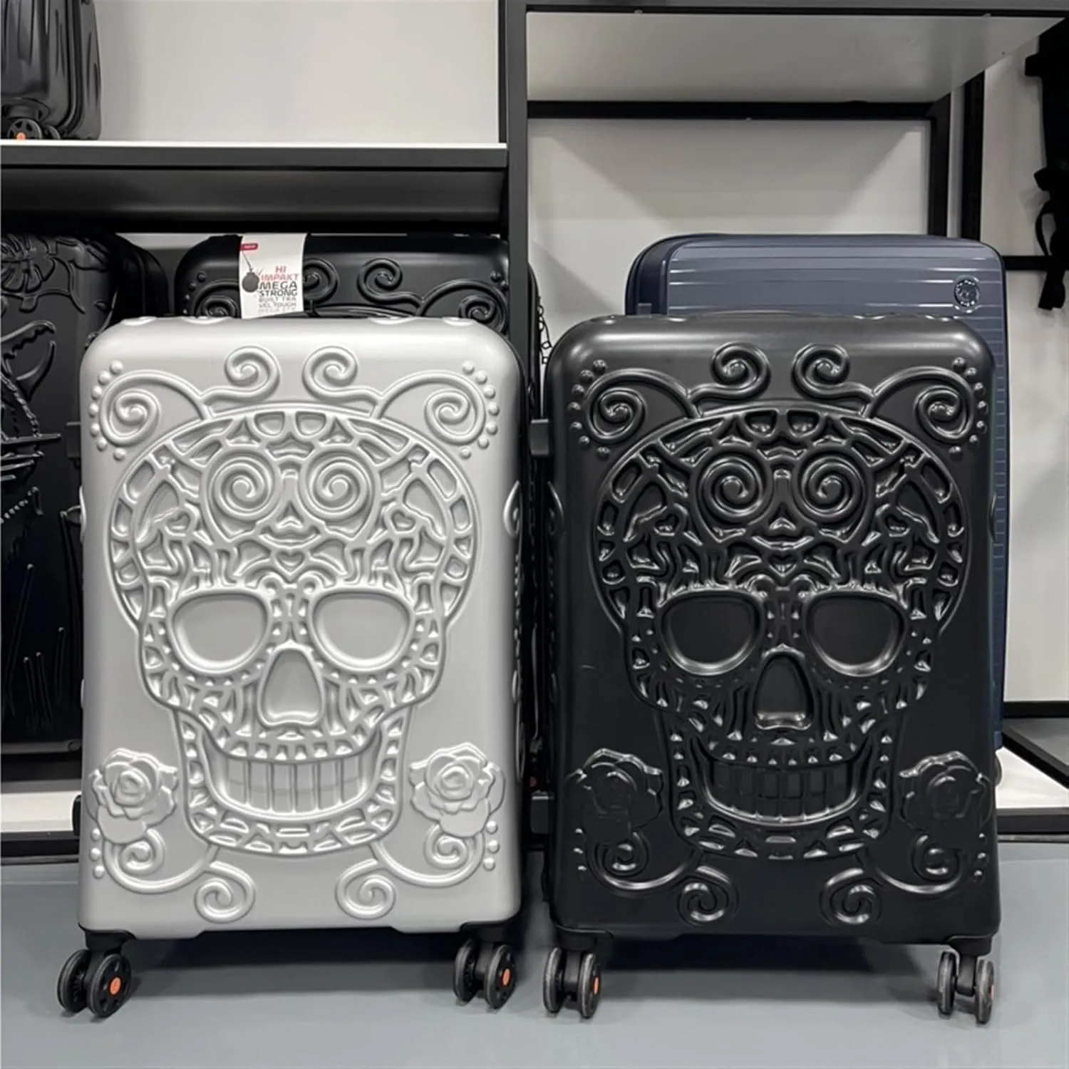 Lightweight Carry on Suitcase 20" 24" New Skull Travel Luggage Bag Cabin Kinder Trolley Suitcase On Wheels Hard Shell Suitcase,Hard Case for Travel(Black,24")