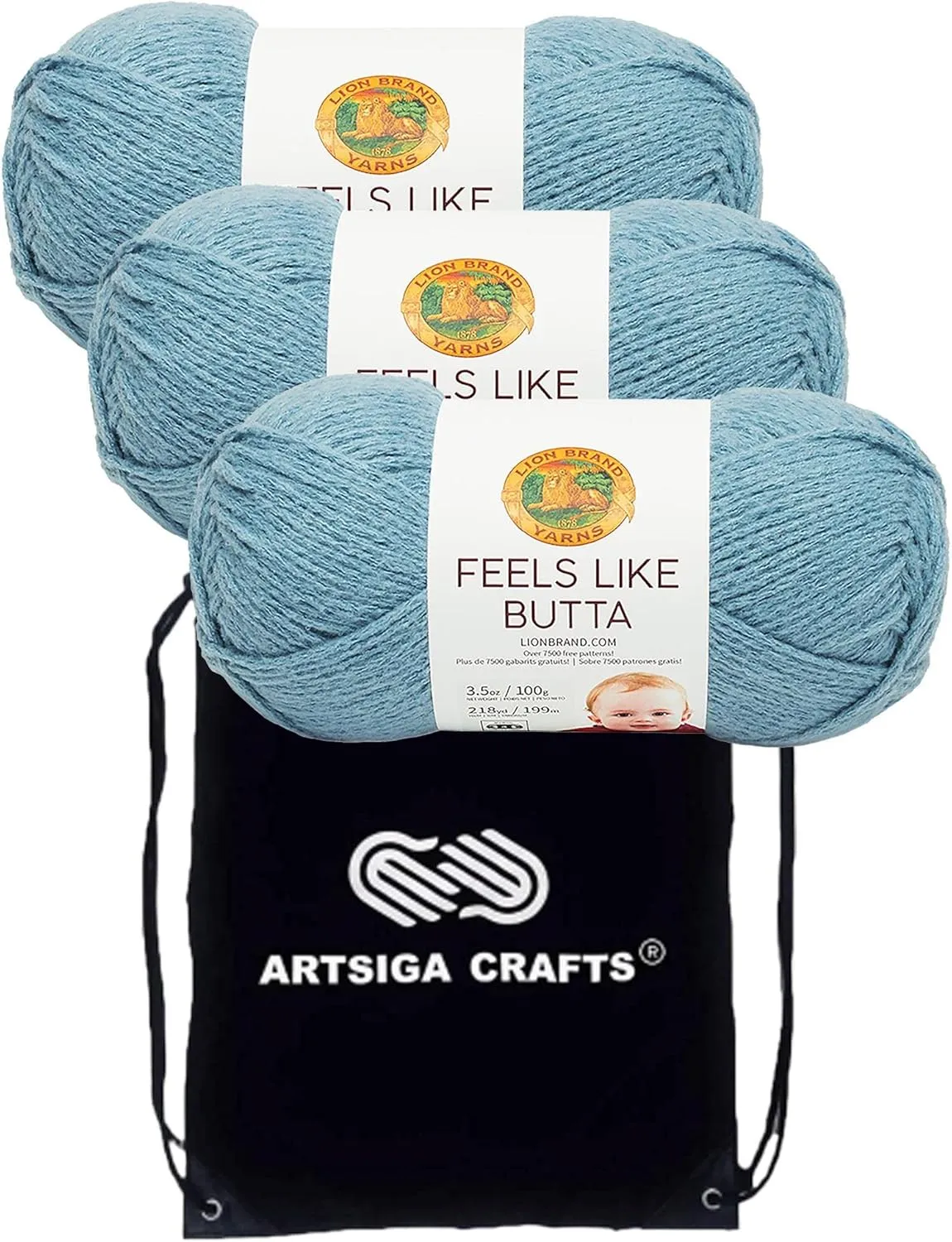 Lion Brand Feels Like Butta Dusty Blue 215-108 (3-Skeins - Same Dye Lot) Worsted Medium #4 Polyester Yarn for Crocheting and Knitting with Project Bag