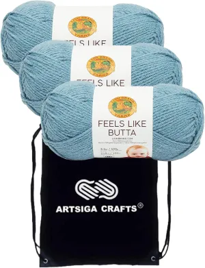 Lion Brand Feels Like Butta Dusty Blue 215-108 (3-Skeins - Same Dye Lot) Worsted Medium #4 Polyester Yarn for Crocheting and Knitting with Project Bag