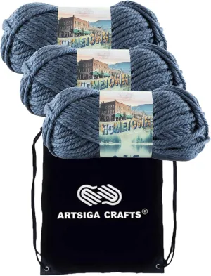 Lion Brand Hometown Washington Denim 135-108 (3-Skeins - Same Dye Lot) #6 S Bulky Acrylic Yarn for Crocheting and Knitting with Project Bag