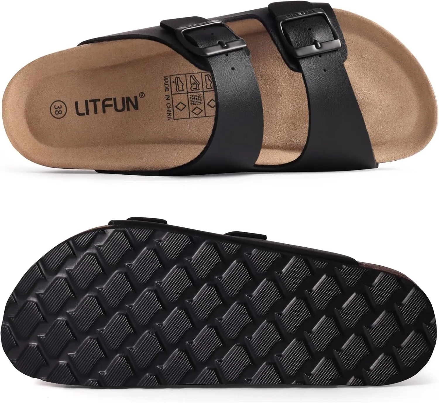 Litfun Women's Cork Footbed Sandal Summer Slip On Slide Sandals with Adjustable Buckle