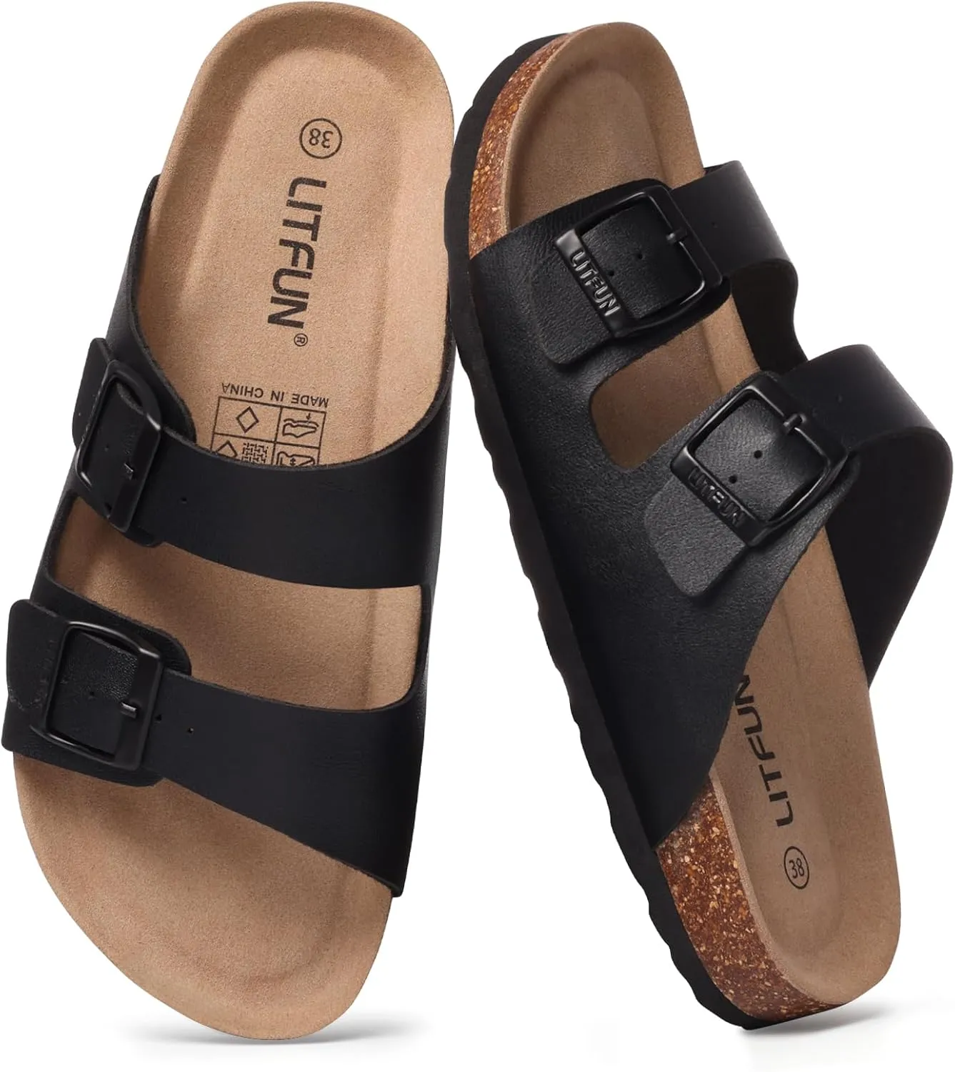 Litfun Women's Cork Footbed Sandal Summer Slip On Slide Sandals with Adjustable Buckle