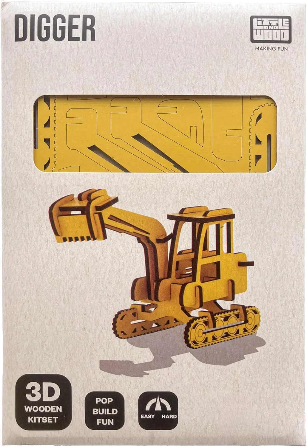 Little & Wood: Woodlet: Medium - Digger - Yellow, 3D Wooden Kit-Set, Construction Vehicle Puzzle, Easy Assembly Model, Pop Build Fun, Ages 6 