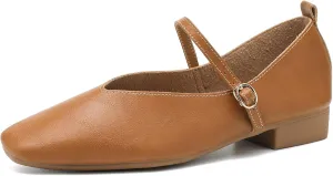 LIURUIJIA Women's Mary Jane Ballet Flats Dress Shoes Square Toe Ankle Strap Casual Dressy Comfortable Retro Foldable Shoes