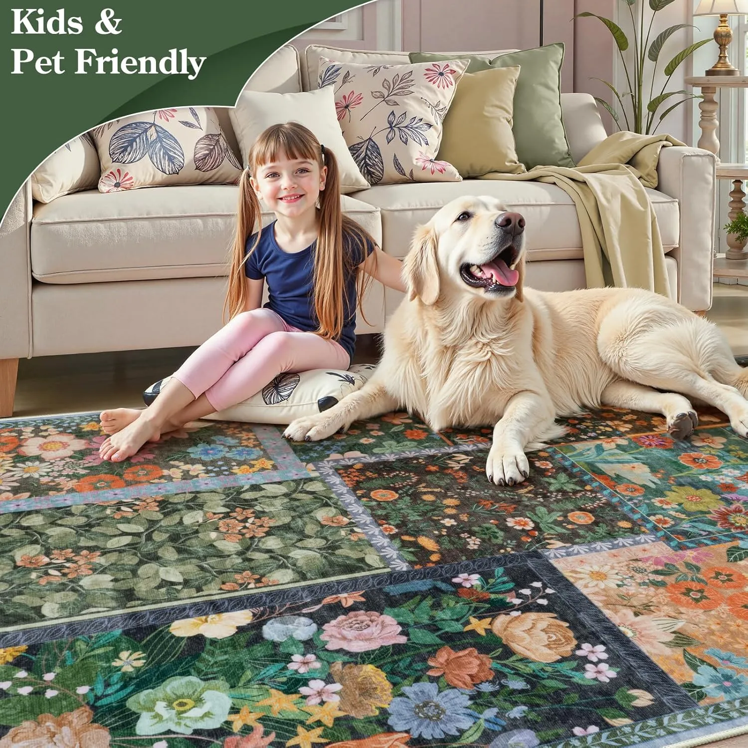 LIVEBOX 5x7 Washable Rug for Living Room, Soft Patchwork Dark Brown Rugs for Bedroom, Non Slip Ultra Thin Rug Botanical Stain Resistant Floor Carpet for Dining Room Home Office