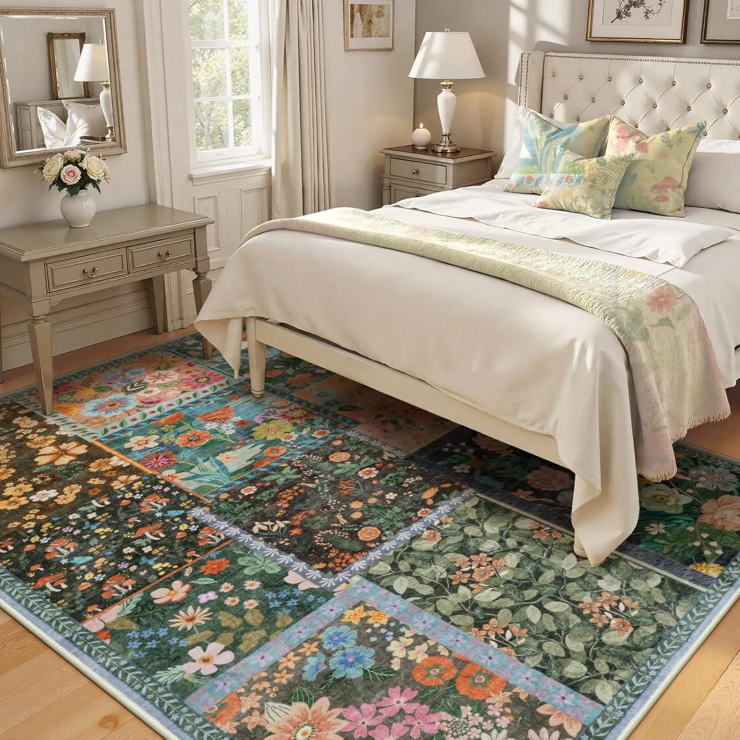 LIVEBOX 5x7 Washable Rug for Living Room, Soft Patchwork Dark Brown Rugs for Bedroom, Non Slip Ultra Thin Rug Botanical Stain Resistant Floor Carpet for Dining Room Home Office