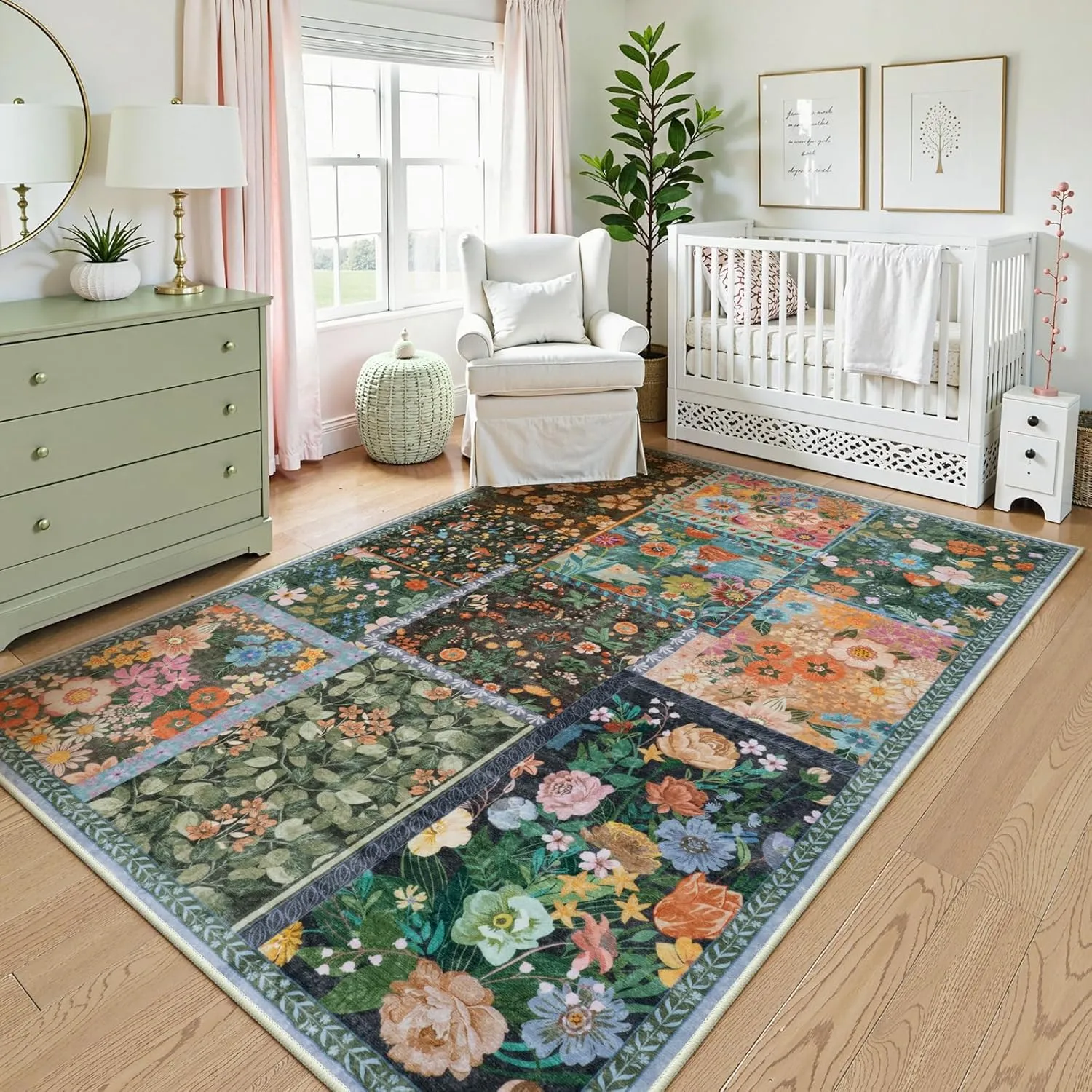 LIVEBOX 5x7 Washable Rug for Living Room, Soft Patchwork Dark Brown Rugs for Bedroom, Non Slip Ultra Thin Rug Botanical Stain Resistant Floor Carpet for Dining Room Home Office