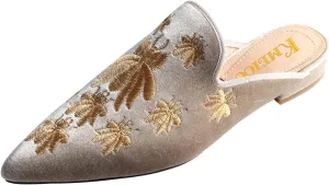 Loafers for Women, Womens Embroidery Mule Shoes Velvet Backless Slip On Loafers Pointed Toe Flat Mule Slides