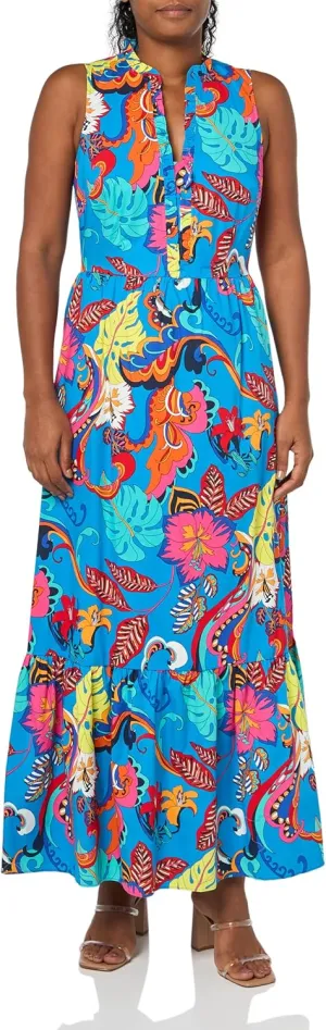 London Times V-Neck Ruffle Sleeveless A-line Pockets | Tiered Maxi Women's Casual Dresses
