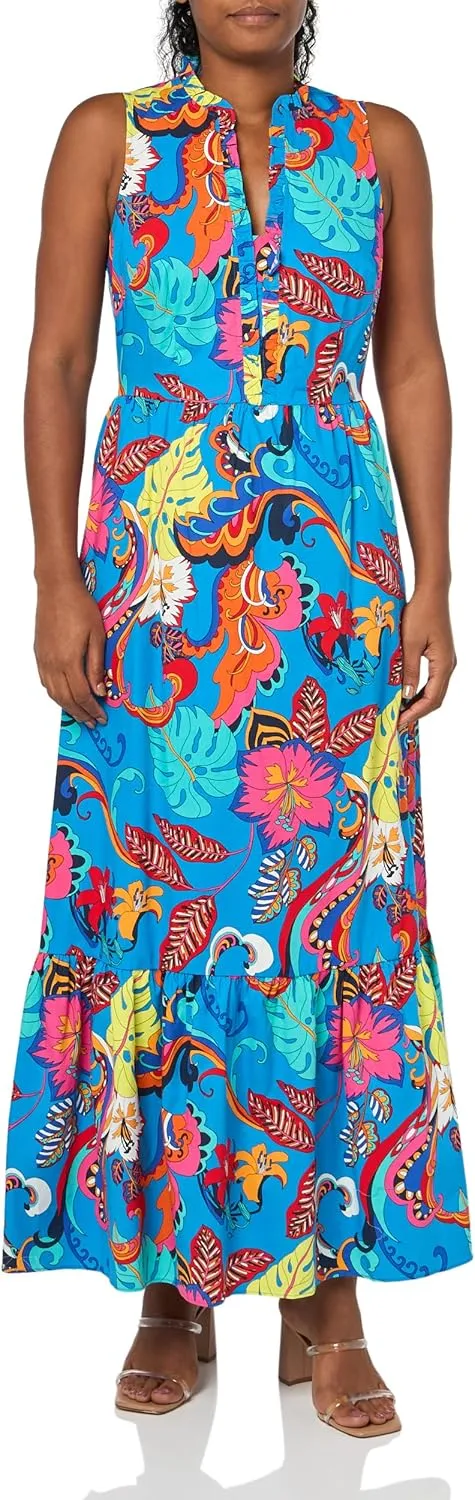 London Times V-Neck Ruffle Sleeveless A-line Pockets | Tiered Maxi Women's Casual Dresses