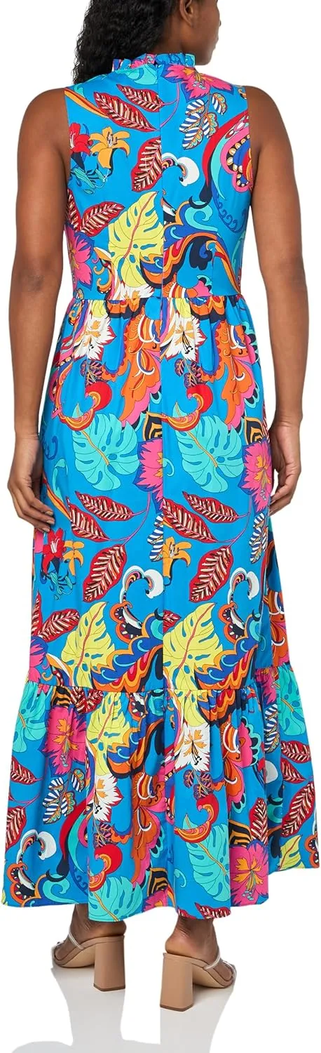 London Times V-Neck Ruffle Sleeveless A-line Pockets | Tiered Maxi Women's Casual Dresses