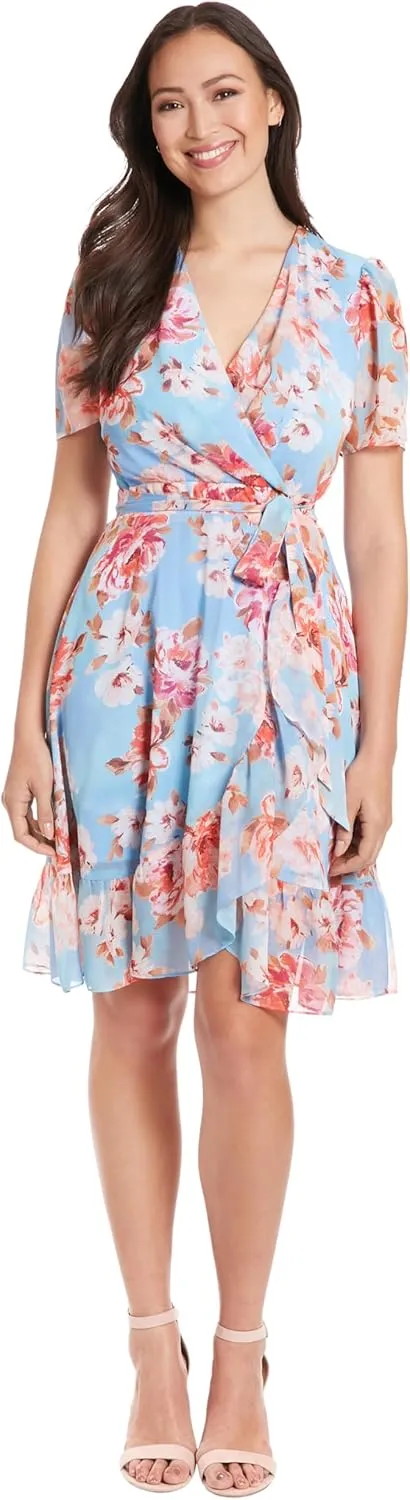 London Times Women's Faux Wrap Dress with Ruffle Skirt Occasion Shower Office Career